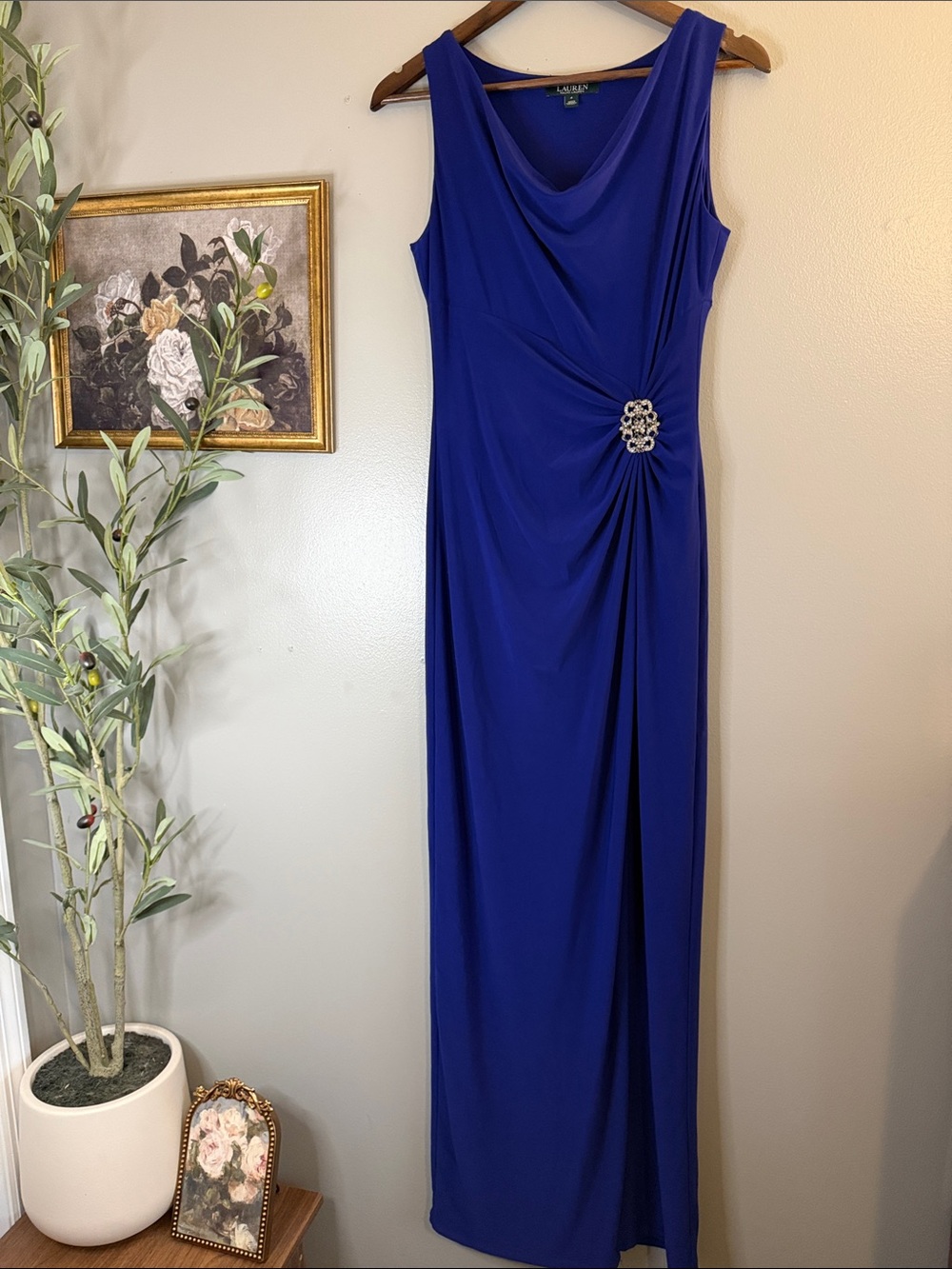 Lauren Ralph Lauren Royal Blue Draped Embellished Evening Gown Size 4 - Picture 6 of 10